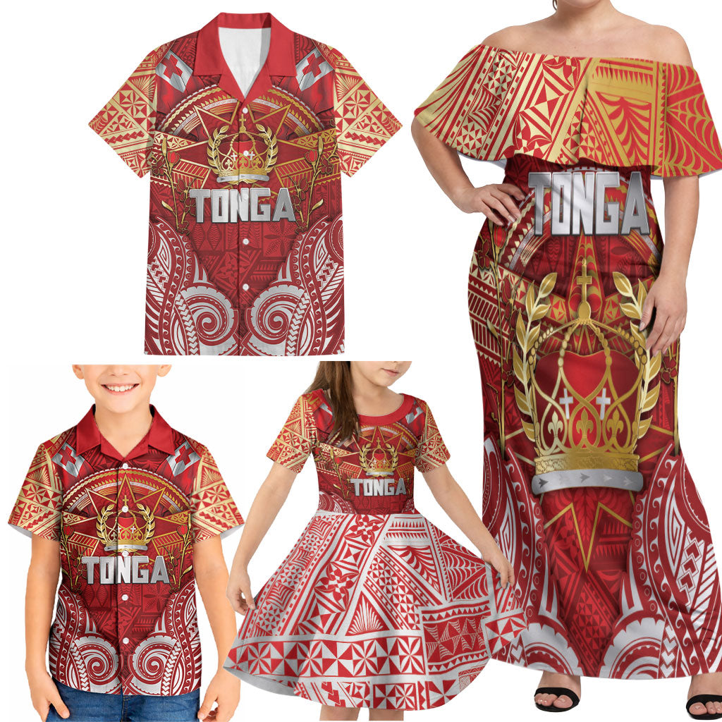 Tonga King's Birthday Family Matching Off Shoulder Maxi Dress and Hawaiian Shirt Gold Royal Crown Tribal Patterns DT05 - Polynesian Pride
