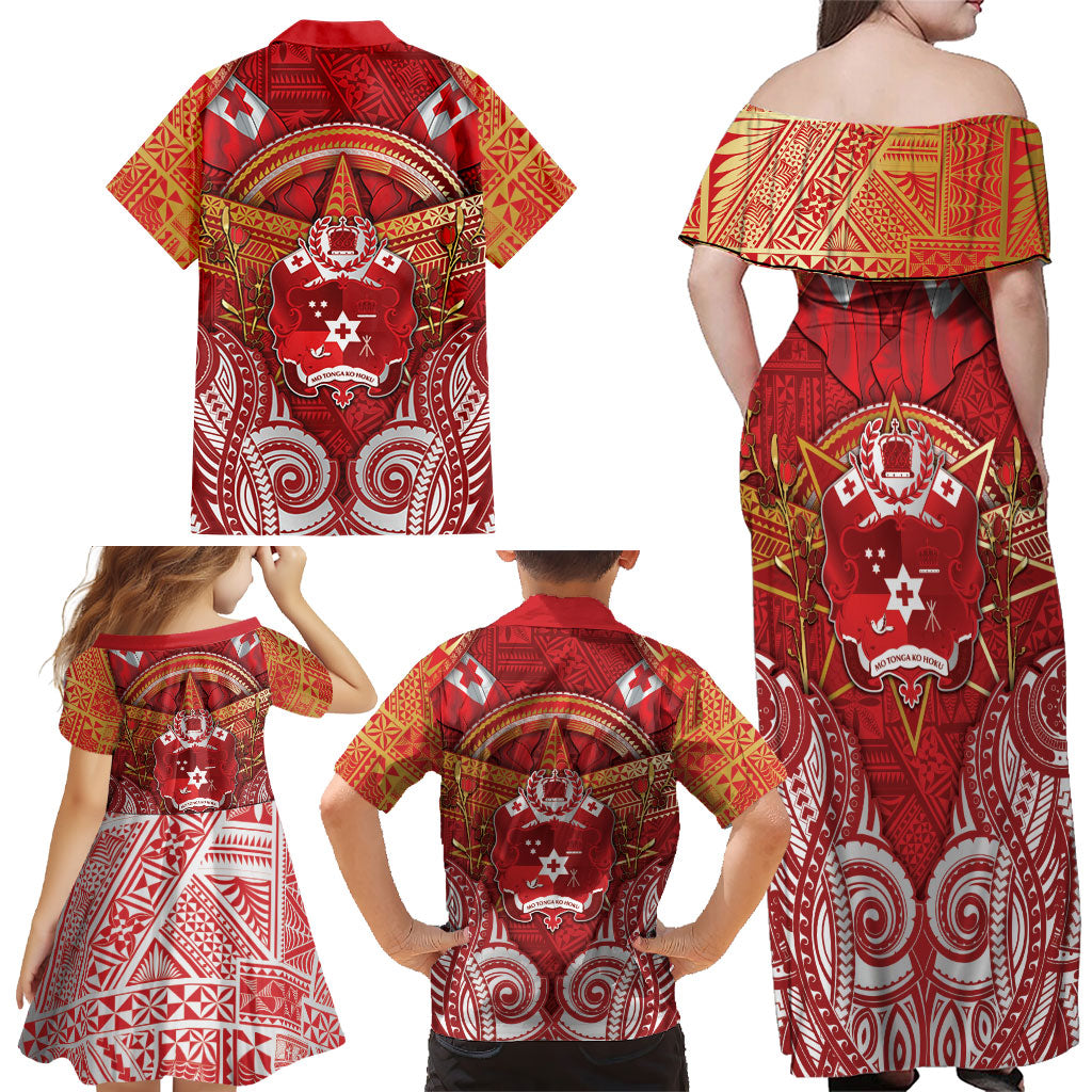 Tonga King's Birthday Family Matching Off Shoulder Maxi Dress and Hawaiian Shirt Gold Royal Crown Tribal Patterns