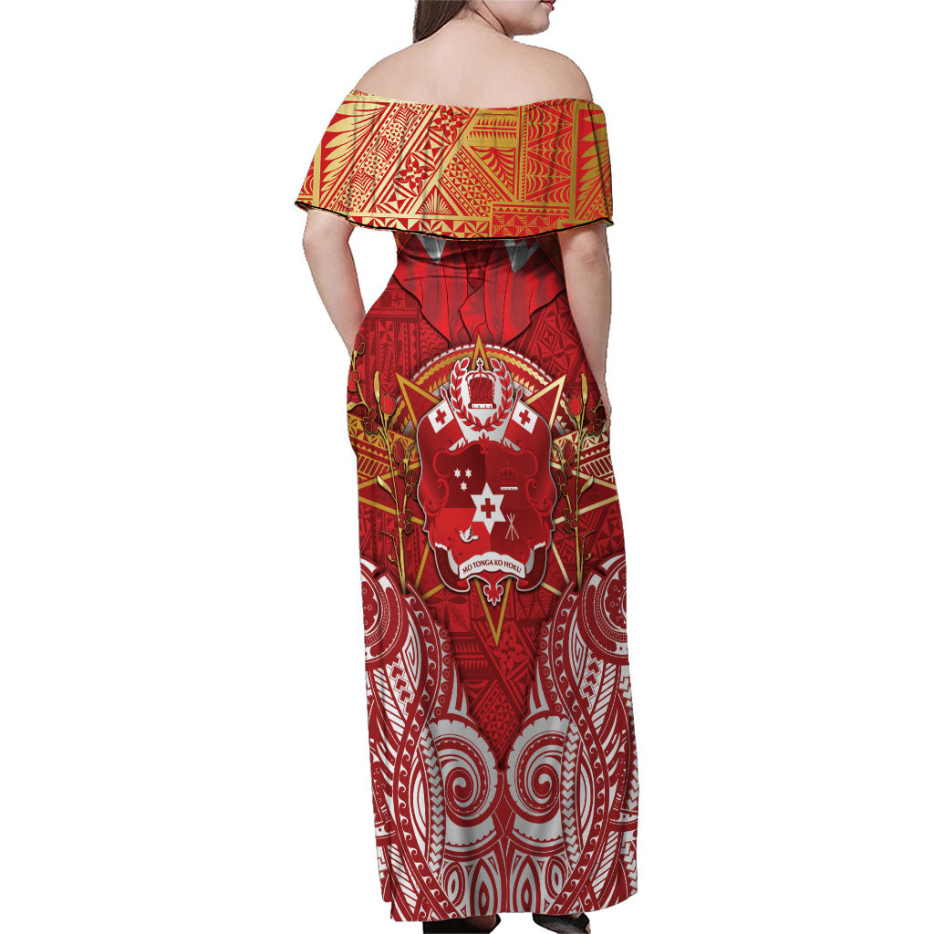 Tonga King's Birthday Family Matching Off Shoulder Maxi Dress and Hawaiian Shirt Gold Royal Crown Tribal Patterns
