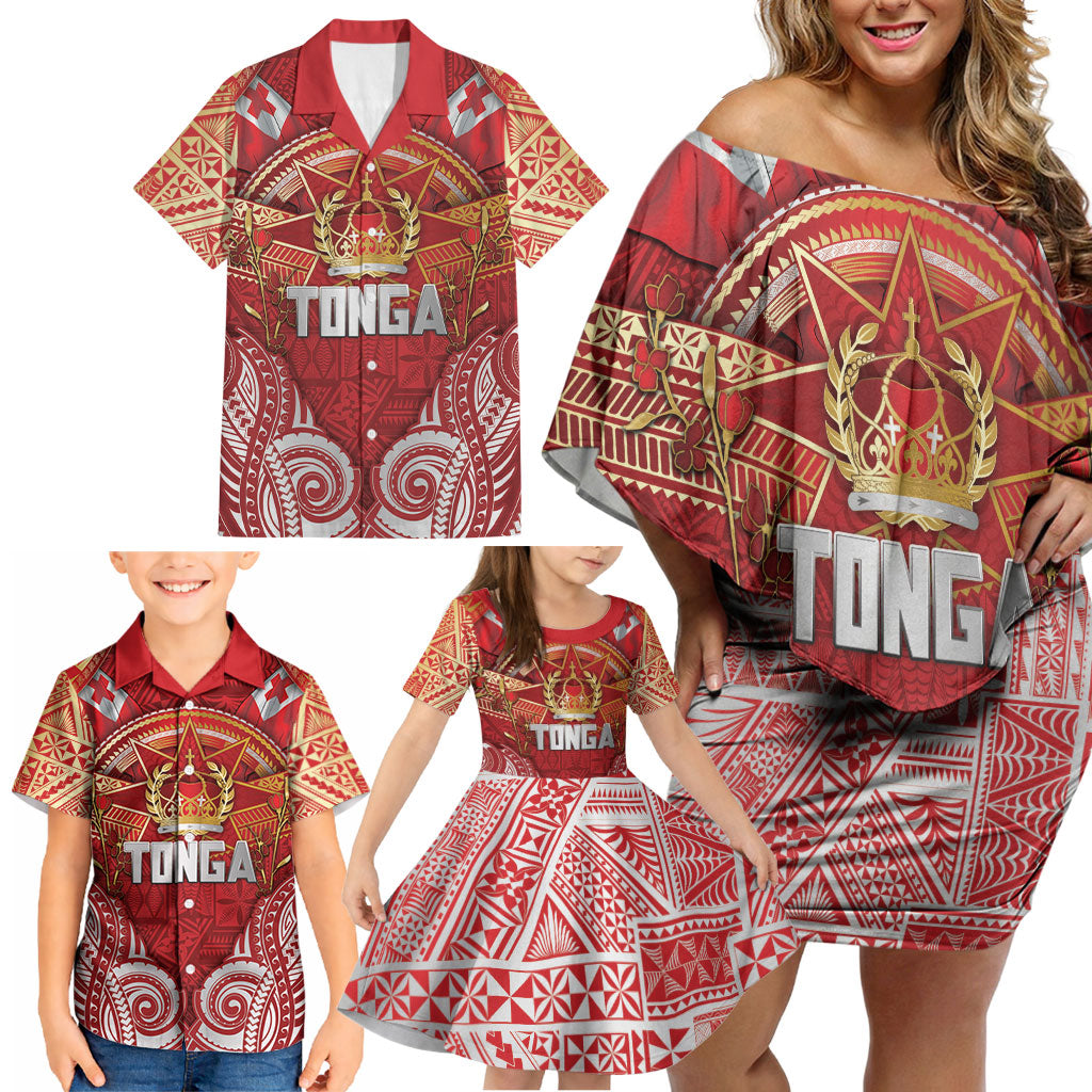 Tonga King's Birthday Family Matching Off Shoulder Short Dress and Hawaiian Shirt Gold Royal Crown Tribal Patterns DT05 - Polynesian Pride