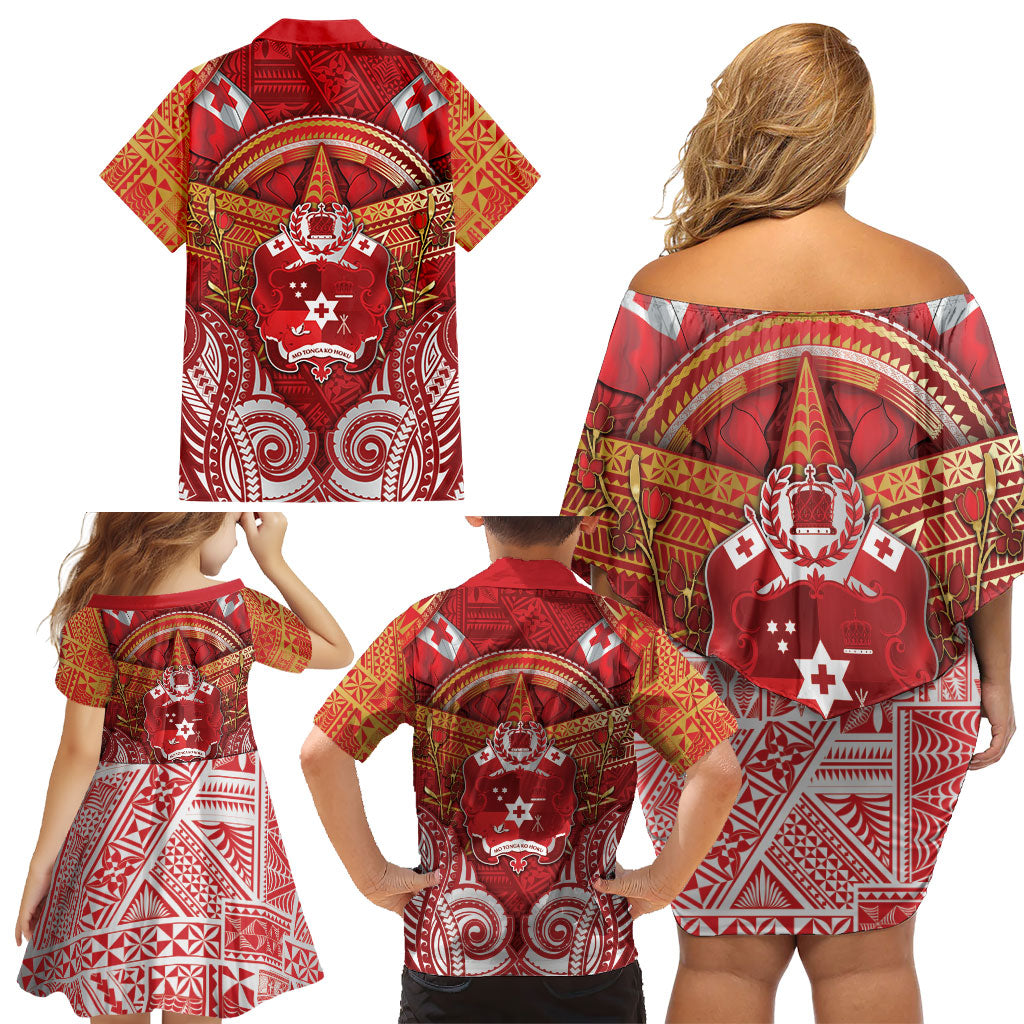 Tonga King's Birthday Family Matching Off Shoulder Short Dress and Hawaiian Shirt Gold Royal Crown Tribal Patterns