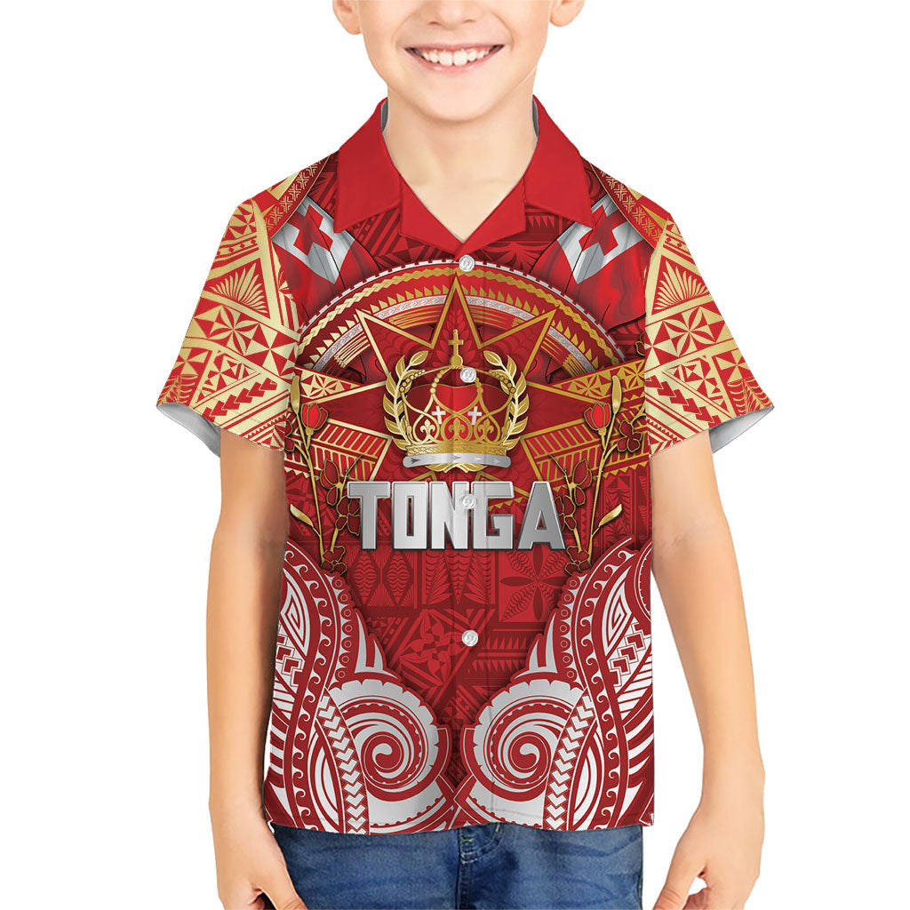 Tonga King's Birthday Family Matching Off Shoulder Short Dress and Hawaiian Shirt Gold Royal Crown Tribal Patterns