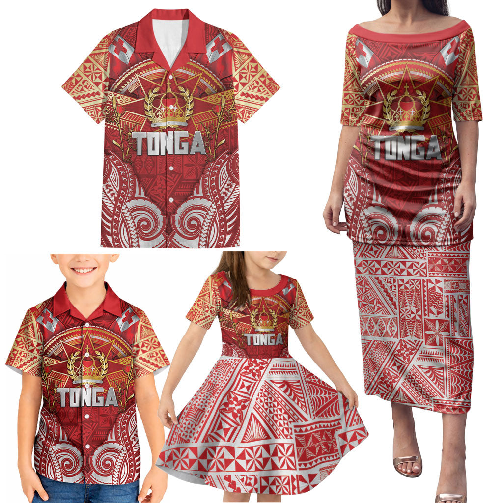 Tonga King's Birthday Family Matching Puletasi and Hawaiian Shirt Gold Royal Crown Tribal Patterns DT05 - Polynesian Pride