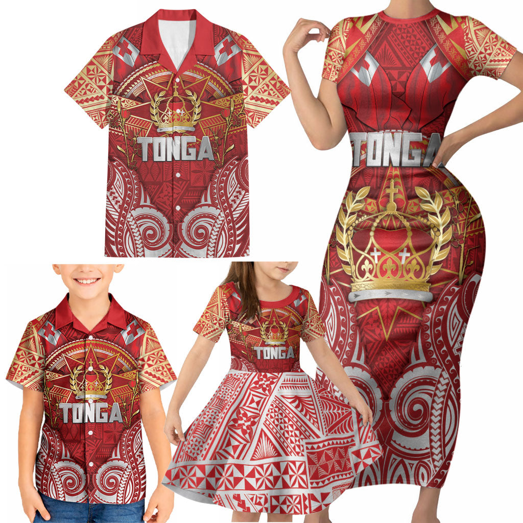 Tonga King's Birthday Family Matching Short Sleeve Bodycon Dress and Hawaiian Shirt Gold Royal Crown Tribal Patterns DT05 - Polynesian Pride