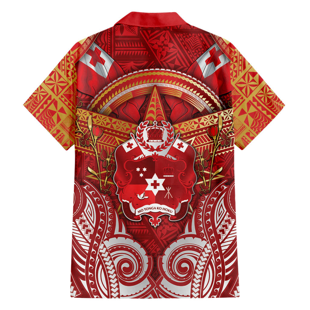 Tonga King's Birthday Family Matching Short Sleeve Bodycon Dress and Hawaiian Shirt Gold Royal Crown Tribal Patterns