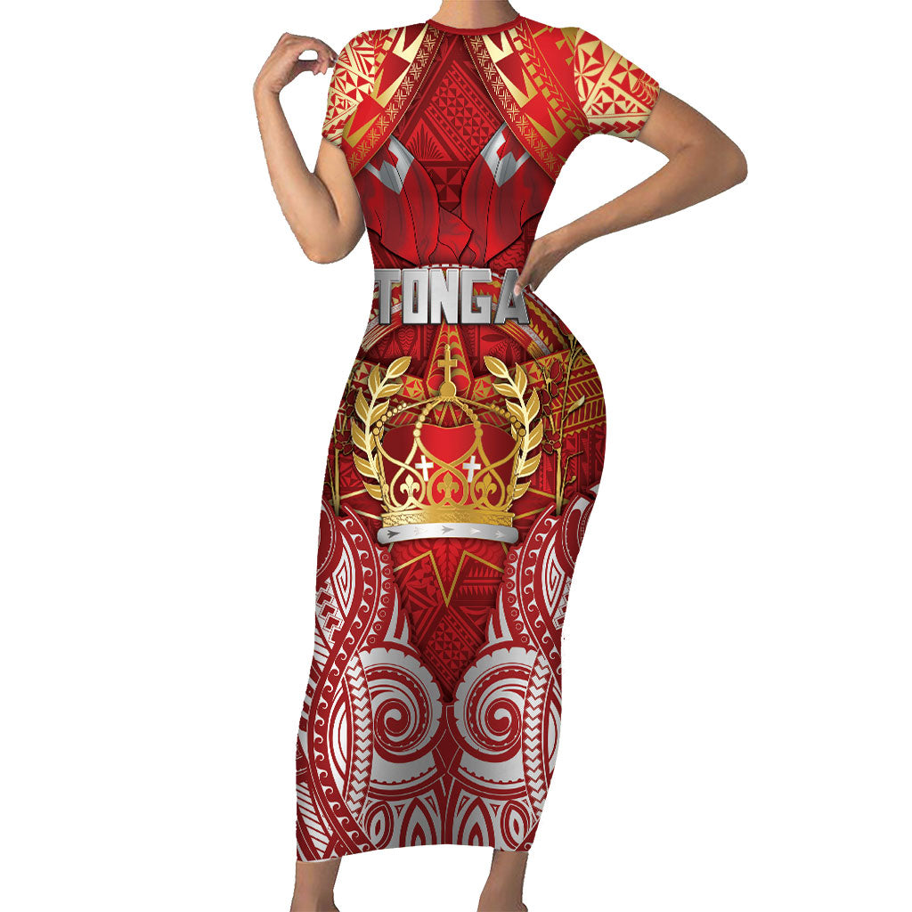 Tonga King's Birthday Family Matching Short Sleeve Bodycon Dress and Hawaiian Shirt Gold Royal Crown Tribal Patterns