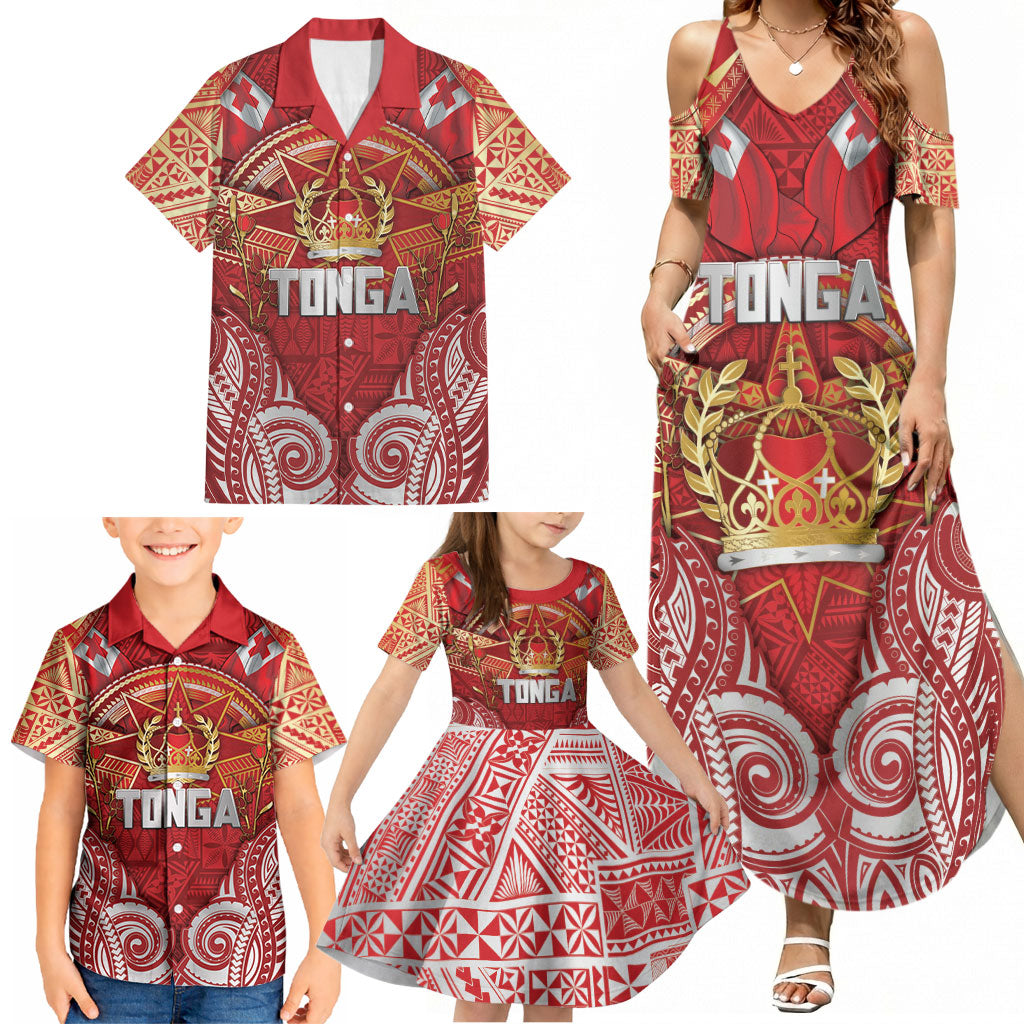 Tonga King's Birthday Family Matching Summer Maxi Dress and Hawaiian Shirt Gold Royal Crown Tribal Patterns DT05 - Polynesian Pride