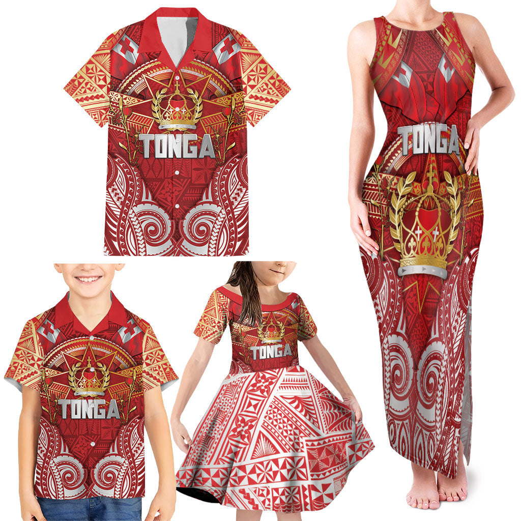 Tonga King's Birthday Family Matching Tank Maxi Dress and Hawaiian Shirt Gold Royal Crown Tribal Patterns