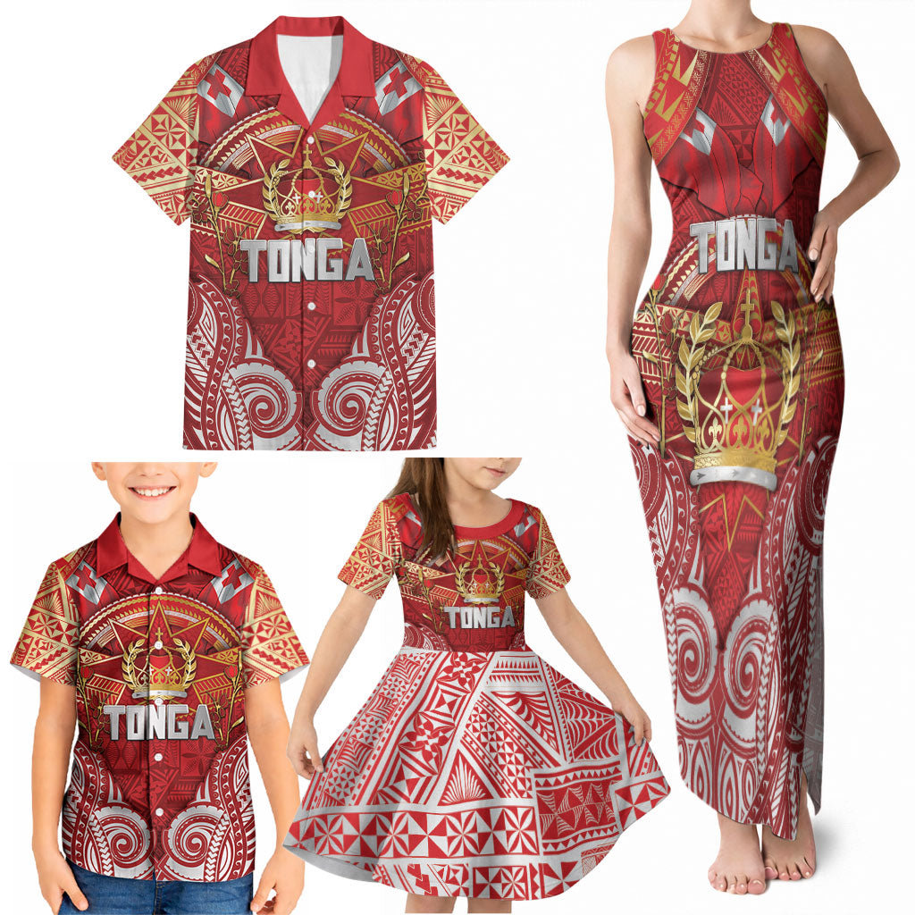 Tonga King's Birthday Family Matching Tank Maxi Dress and Hawaiian Shirt Gold Royal Crown Tribal Patterns DT05 - Polynesian Pride