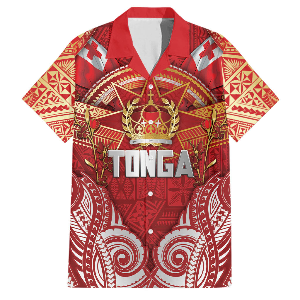 Tonga King's Birthday Family Matching Tank Maxi Dress and Hawaiian Shirt Gold Royal Crown Tribal Patterns