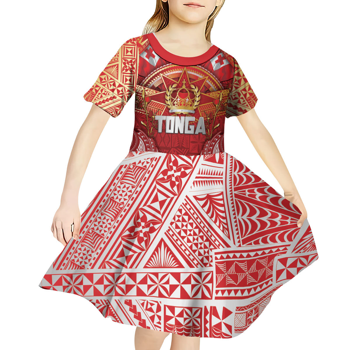 Tonga King's Birthday Kid Short Sleeve Dress Gold Royal Crown Tribal Patterns