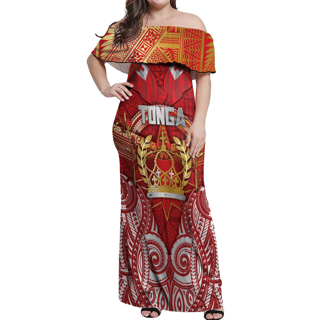 Tonga King's Birthday Off Shoulder Maxi Dress Gold Royal Crown Tribal Patterns