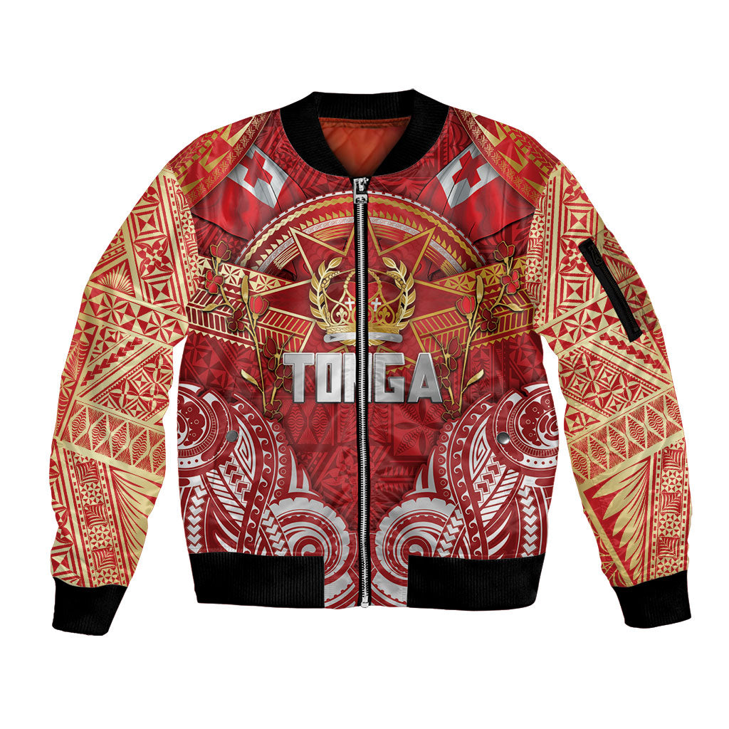 Tonga King's Birthday Sleeve Zip Bomber Jacket Gold Royal Crown Tribal Patterns