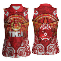 Tonga King's Birthday Women Sleeveless Polo Shirt Gold Royal Crown Tribal Patterns
