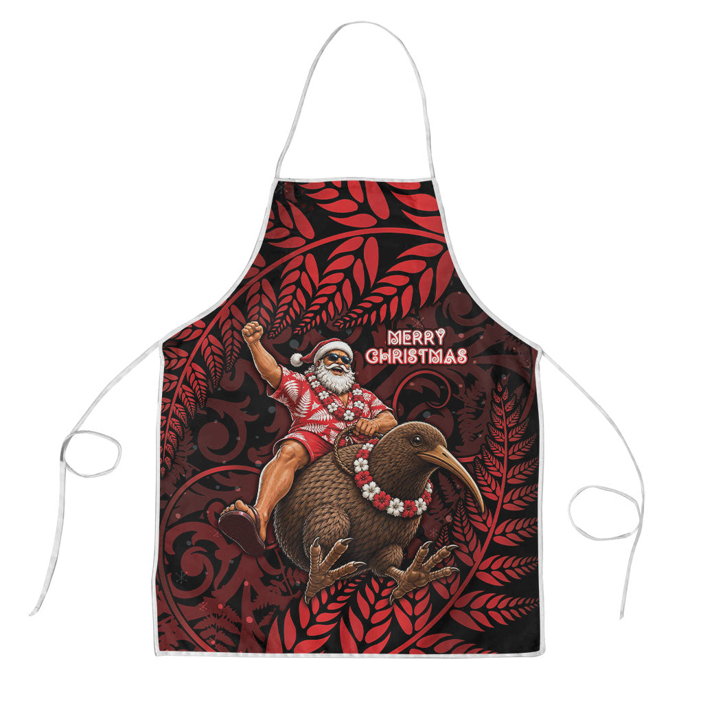 New Zealand Christmas Apron Red Santa Riding Kiwi Bird Silver Fern DT05 Red - Polynesian Pride
