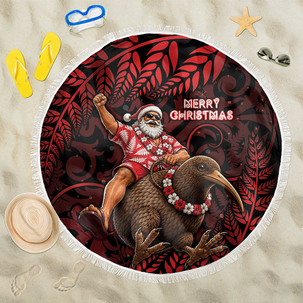 New Zealand Christmas Beach Blanket Red Santa Riding Kiwi Bird Silver Fern DT05 One Size 150cm Red - Polynesian Pride