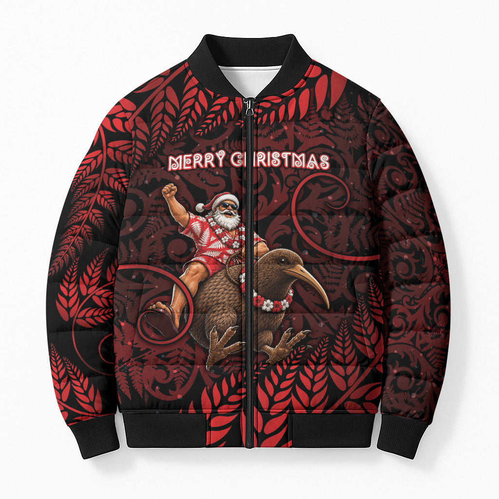 New Zealand Christmas Bomber Puffer Jacket Red Santa Riding Kiwi Bird Silver Fern DT05 Unisex Red - Polynesian Pride