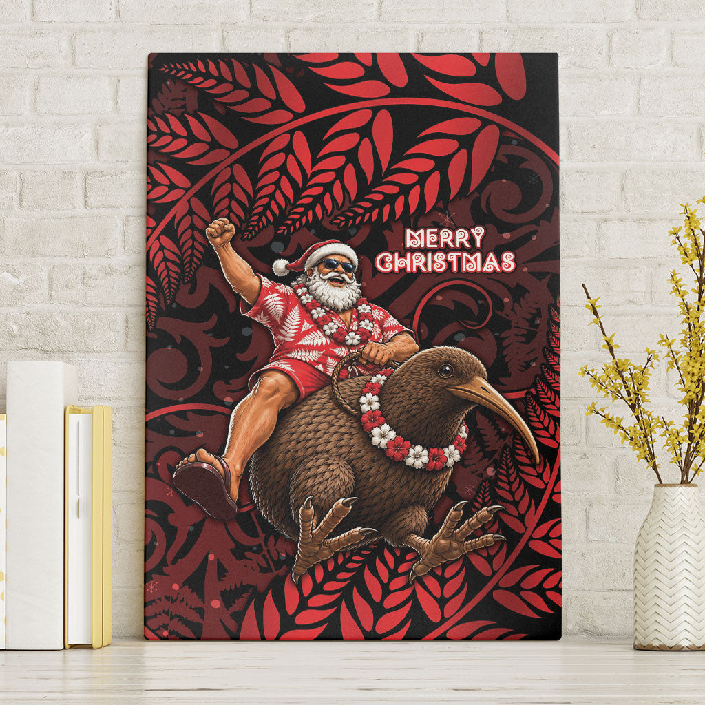 New Zealand Christmas Canvas Wall Art Red Santa Riding Kiwi Bird Silver Fern DT05 Without Frame Red - Polynesian Pride