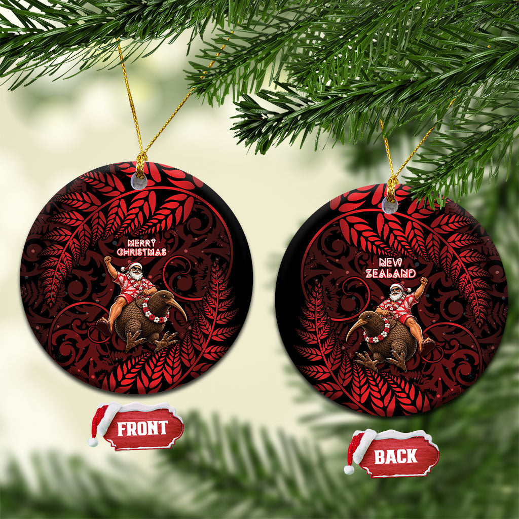 New Zealand Christmas Ceramic Ornament Red Santa Riding Kiwi Bird Silver Fern DT05 Circle Red - Polynesian Pride