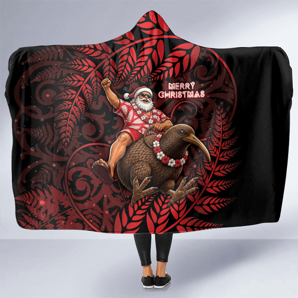 New Zealand Christmas Hooded Blanket Red Santa Riding Kiwi Bird Silver Fern DT05 One Size Red - Polynesian Pride
