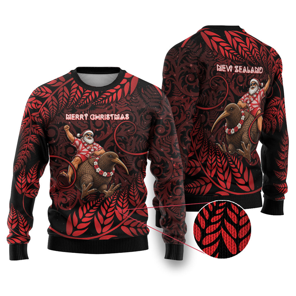 New Zealand Christmas Ugly Christmas Sweater Red Santa Riding Kiwi Bird Silver Fern DT05 Red - Polynesian Pride
