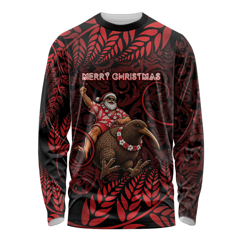 New Zealand Christmas Long Sleeve Shirt Red Santa Riding Kiwi Bird Silver Fern DT05 Unisex Red - Polynesian Pride