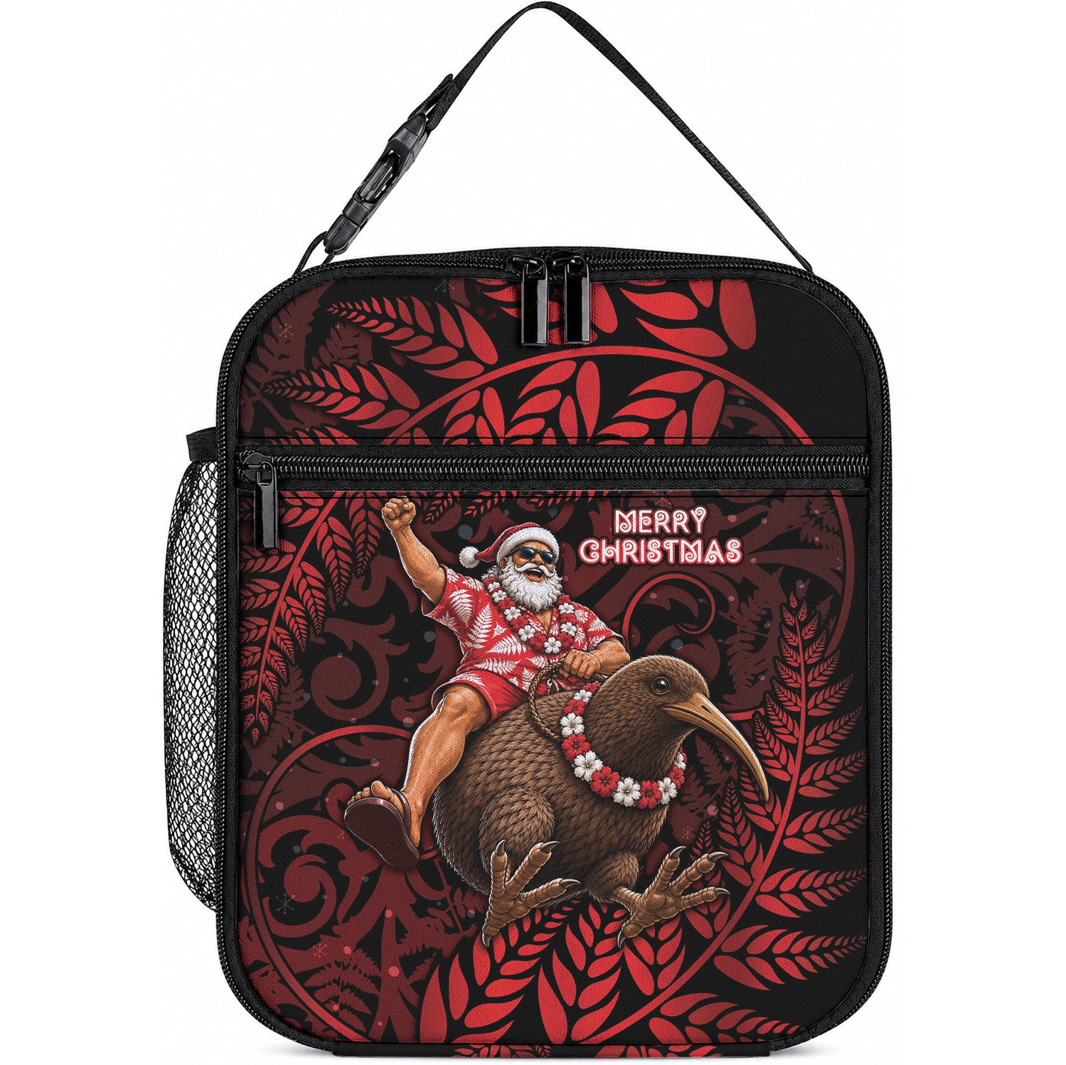 New Zealand Christmas Lunch Bag Red Santa Riding Kiwi Bird Silver Fern DT05 10.2 × 8.3 × 4.3 inch Red - Polynesian Pride