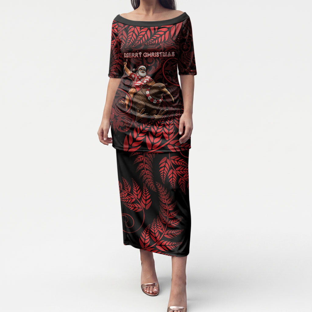 New Zealand Christmas Puletasi Red Santa Riding Kiwi Bird Silver Fern DT05 Long Dress Red - Polynesian Pride