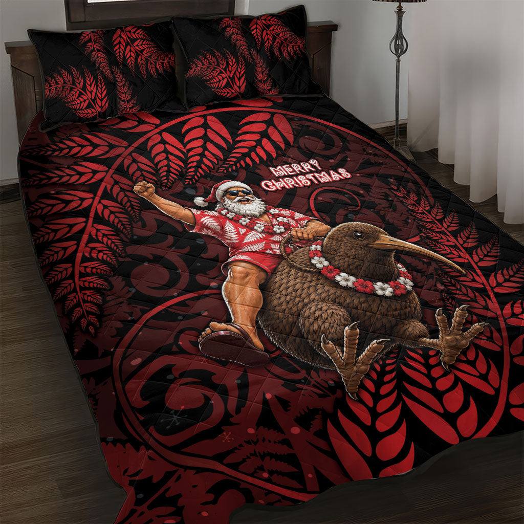 New Zealand Christmas Quilt Bed Set Red Santa Riding Kiwi Bird Silver Fern DT05 Red - Polynesian Pride