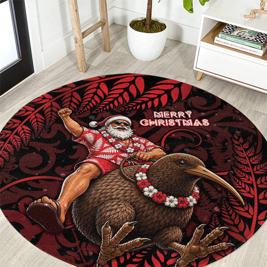 New Zealand Christmas Round Carpet Red Santa Riding Kiwi Bird Silver Fern DT05 Red - Polynesian Pride