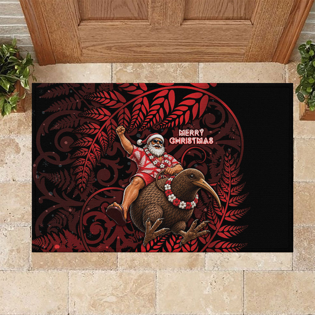 New Zealand Christmas Rubber Doormat Red Santa Riding Kiwi Bird Silver Fern DT05 Red - Polynesian Pride