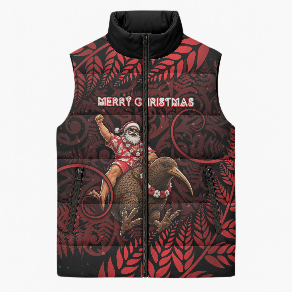 New Zealand Christmas Sleeveless Puffer Jacket Red Santa Riding Kiwi Bird Silver Fern DT05 Unisex Red - Polynesian Pride