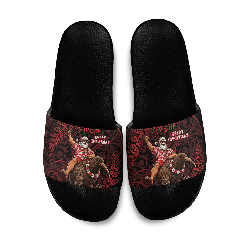 New Zealand Christmas Slide Sandals Red Santa Riding Kiwi Bird Silver Fern DT05 Red - Polynesian Pride