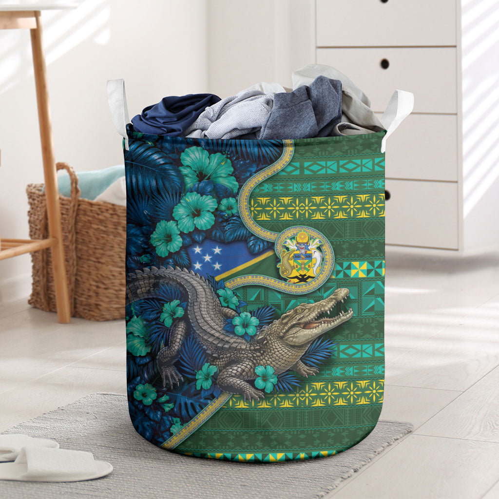 Solomon Islands Independence Day Laundry Basket Crocodile Hibiscus Tribal Pattern