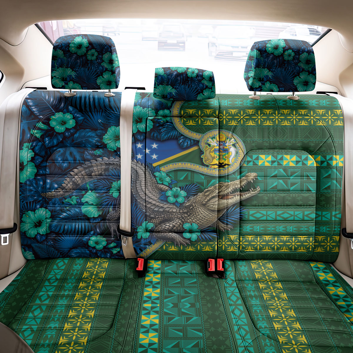 Solomon Islands Independence Day Back Car Seat Cover Crocodile Hibiscus Tribal Pattern