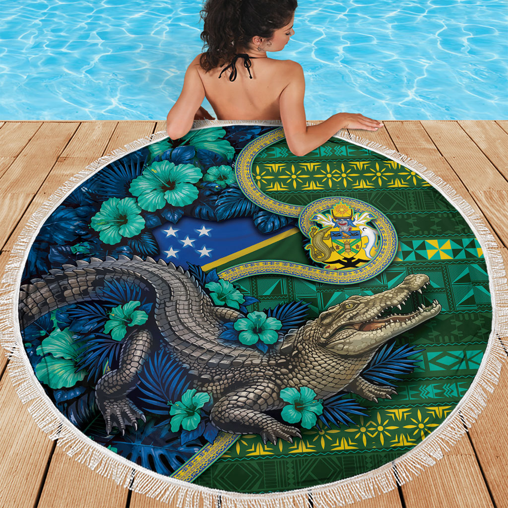 Solomon Islands Independence Day Beach Blanket Crocodile Hibiscus Tribal Pattern