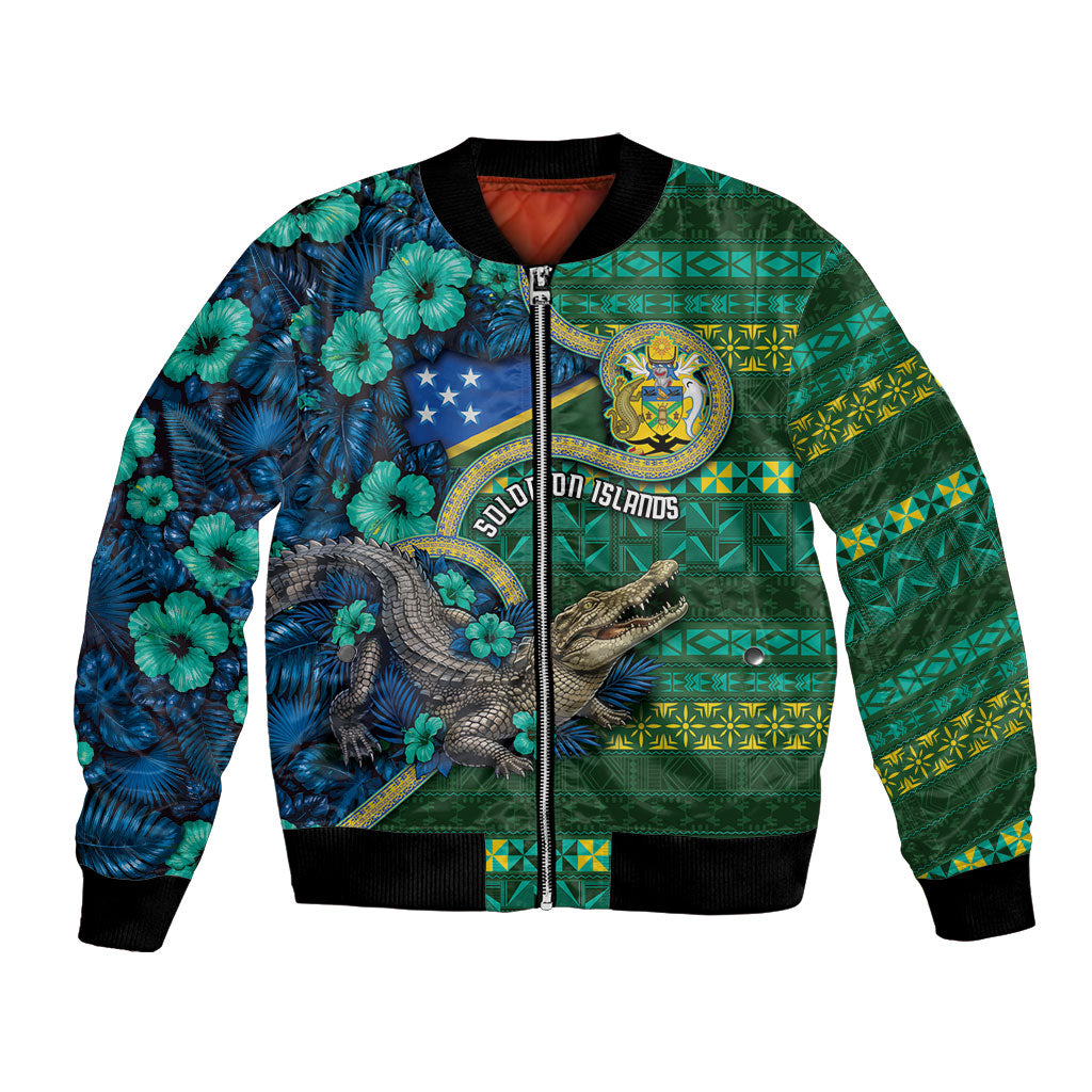 Personalised Solomon Islands Independence Day Bomber Jacket Crocodile Hibiscus Tribal Pattern