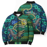 Personalised Solomon Islands Independence Day Bomber Puffer Jacket Crocodile Hibiscus Tribal Pattern