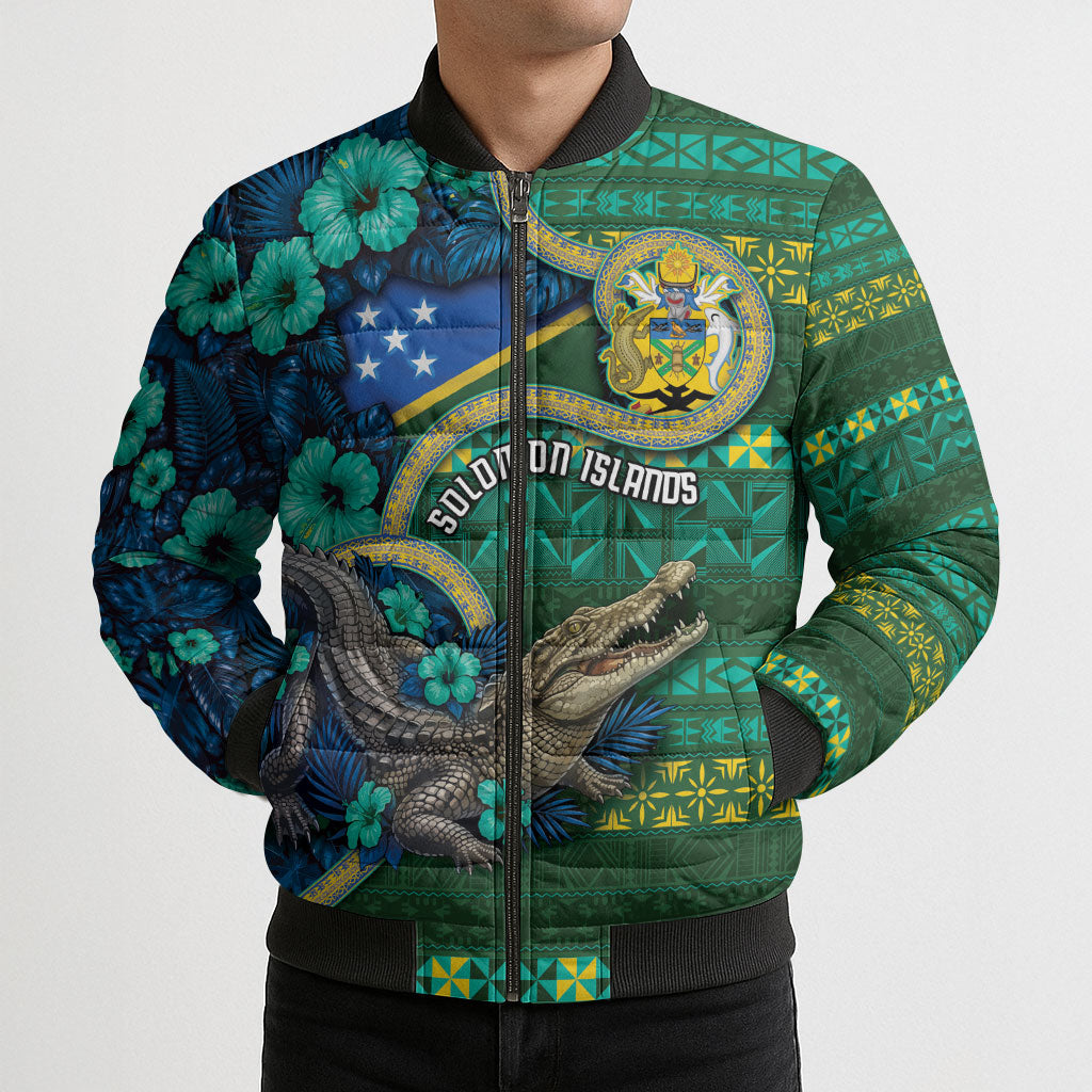 Personalised Solomon Islands Independence Day Bomber Puffer Jacket Crocodile Hibiscus Tribal Pattern