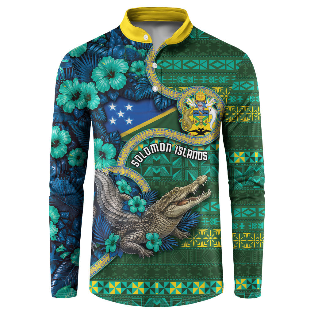Personalised Solomon Islands Independence Day Button Sweatshirt Crocodile Hibiscus Tribal Pattern