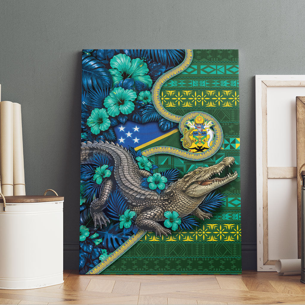 Solomon Islands Independence Day Canvas Wall Art Crocodile Hibiscus Tribal Pattern