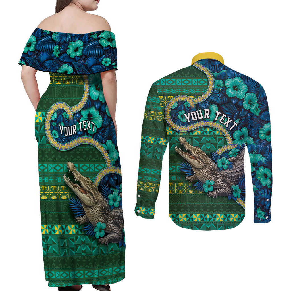 Personalised Solomon Islands Independence Day Couples Matching Off Shoulder Maxi Dress and Long Sleeve Button Shirt Crocodile Hibiscus Tribal Pattern