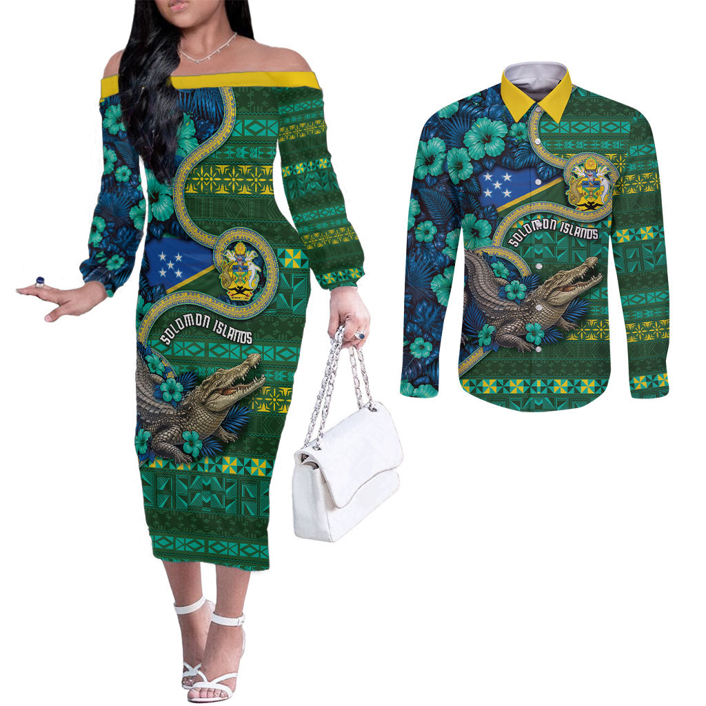 Personalised Solomon Islands Independence Day Couples Matching Off The Shoulder Long Sleeve Dress and Long Sleeve Button Shirt Crocodile Hibiscus Tribal Pattern