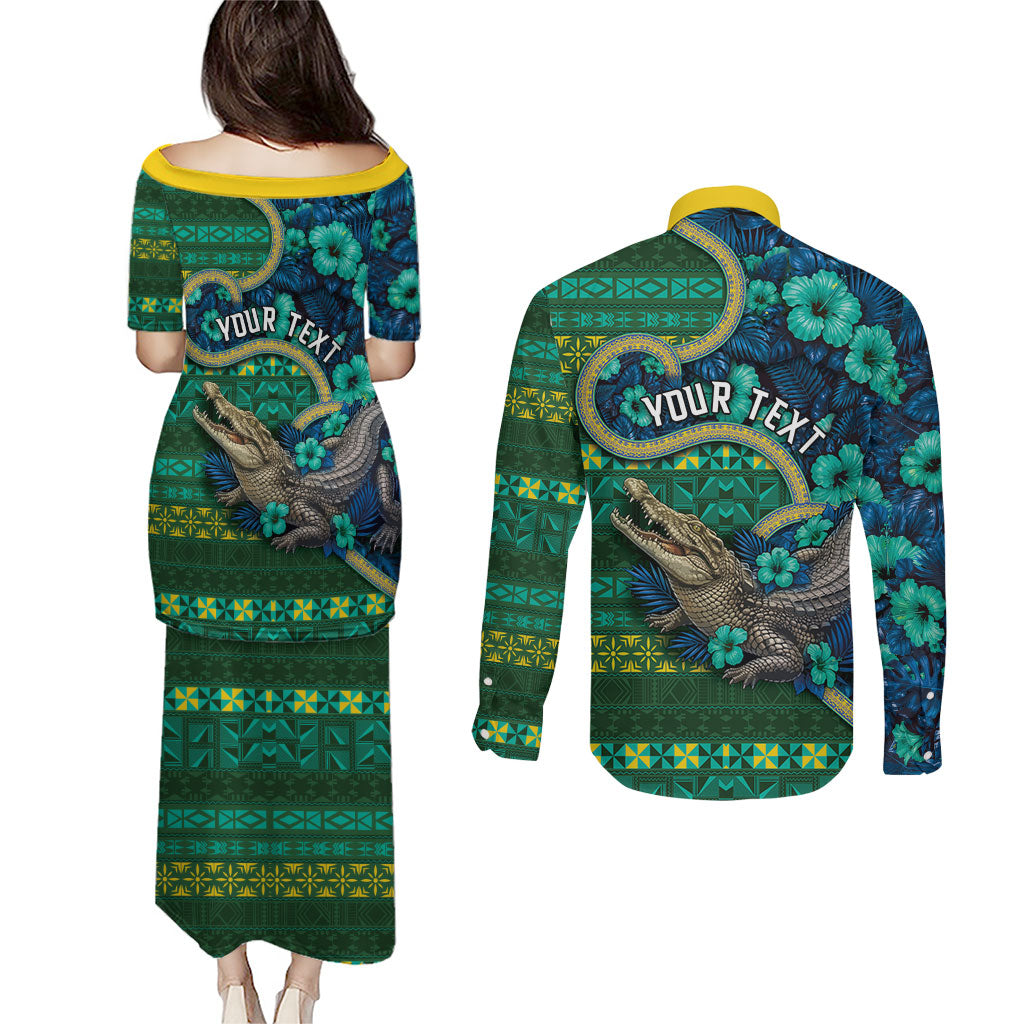 Personalised Solomon Islands Independence Day Couples Matching Puletasi and Long Sleeve Button Shirt Crocodile Hibiscus Tribal Pattern