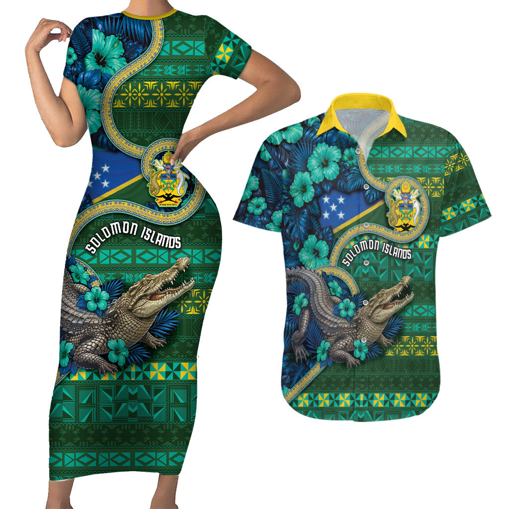 Personalised Solomon Islands Independence Day Couples Matching Short Sleeve Bodycon Dress and Hawaiian Shirt Crocodile Hibiscus Tribal Pattern