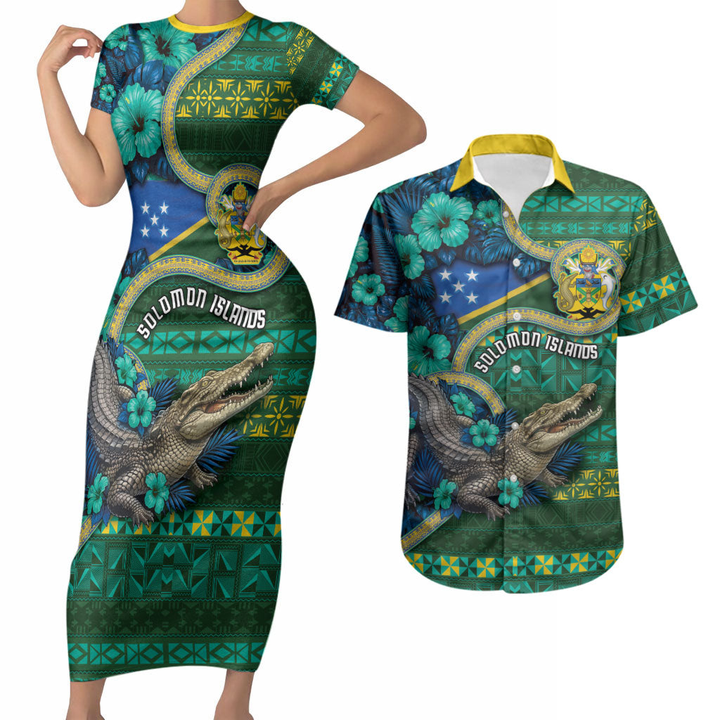 Personalised Solomon Islands Independence Day Couples Matching Short Sleeve Bodycon Dress and Hawaiian Shirt Crocodile Hibiscus Tribal Pattern DT05 Green - Polynesian Pride