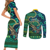 Personalised Solomon Islands Independence Day Couples Matching Short Sleeve Bodycon Dress and Long Sleeve Button Shirt Crocodile Hibiscus Tribal Pattern
