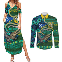 Personalised Solomon Islands Independence Day Couples Matching Summer Maxi Dress and Long Sleeve Button Shirt Crocodile Hibiscus Tribal Pattern