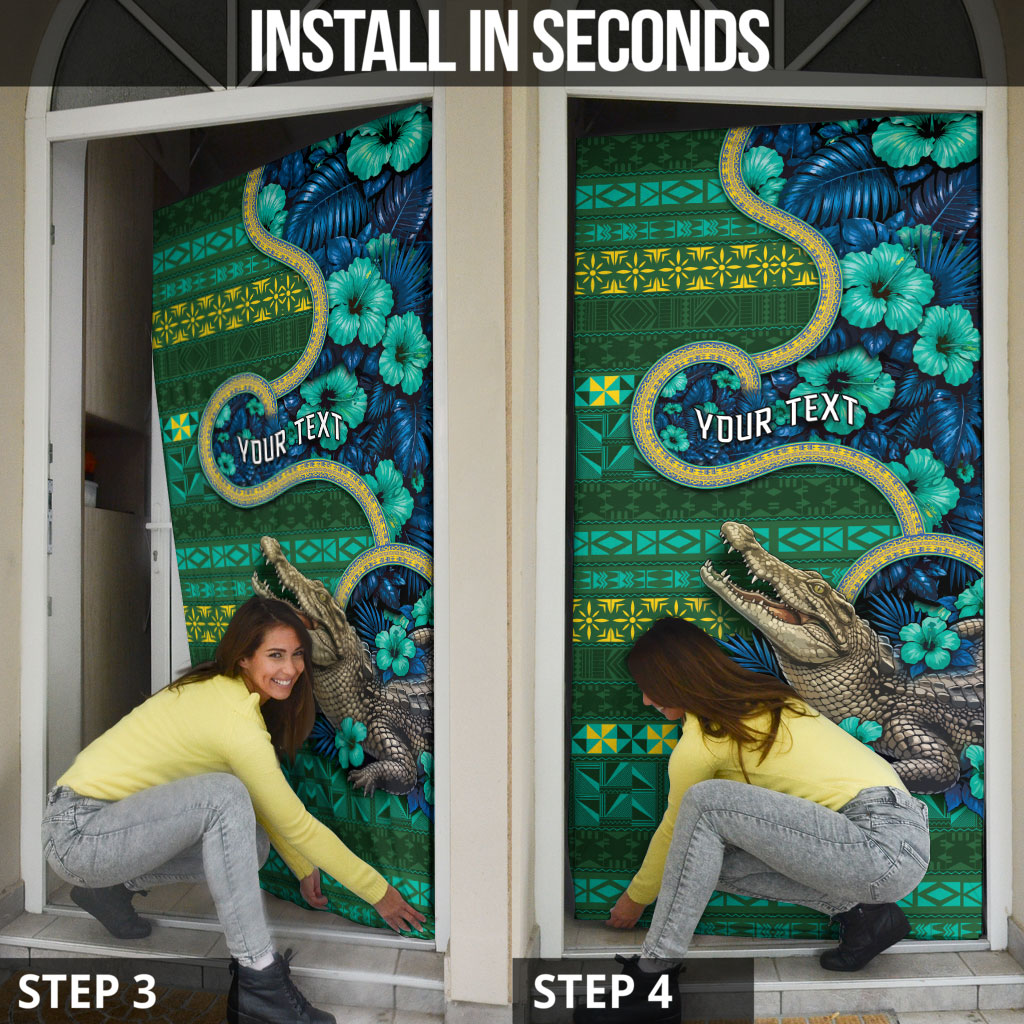 Personalised Solomon Islands Independence Day Door Cover Crocodile Hibiscus Tribal Pattern