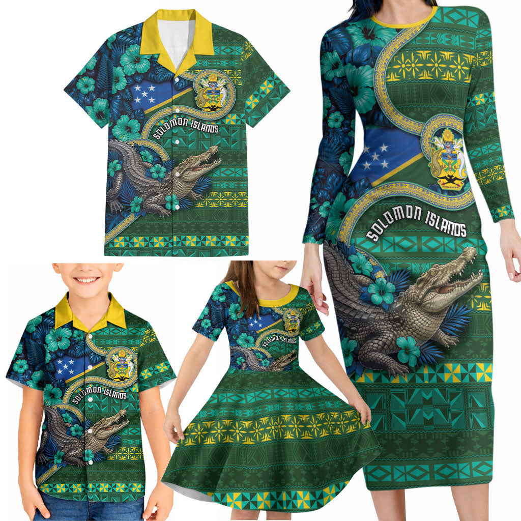 Personalised Solomon Islands Independence Day Family Matching Long Sleeve Bodycon Dress and Hawaiian Shirt Crocodile Hibiscus Tribal Pattern DT05 - Polynesian Pride